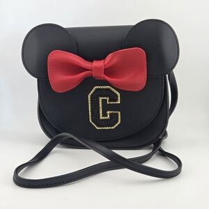 Little Girl Crossbody Purse - Black Mouse Ear Bow, Personalized Initial C